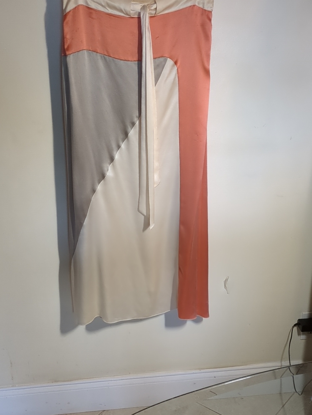 Colorblock Silk-Blend Midi Skirt in Coral, Cream & Gray, Size M.